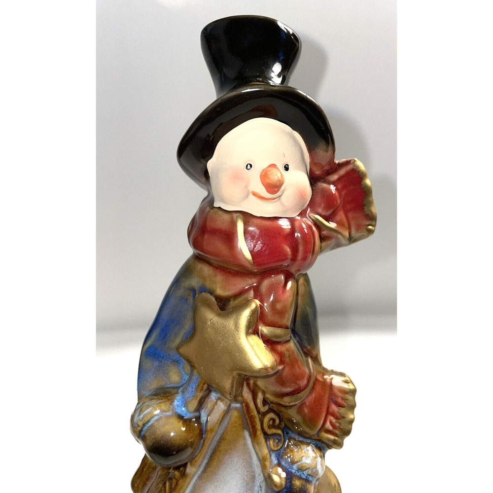 Slim Stoneware Snowman with Top Hat Scarf Lantern with Bell at Hand and Star - Picture 2 of 6